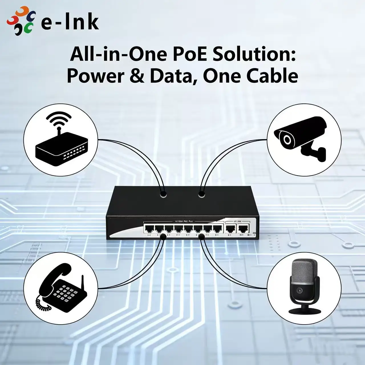 

8-port 10/100BASE-T PoE and 2-port 100BASE-T Uplink Ethernet Switch