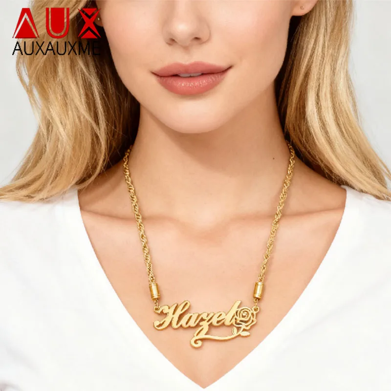 

Auxauxme ожерелья с именем по индивидуальному заказу из нержавеющей стали для женщин и мужчин персонализированные модные подвески с цветами и буквами ювелирные изделия подарок для пары