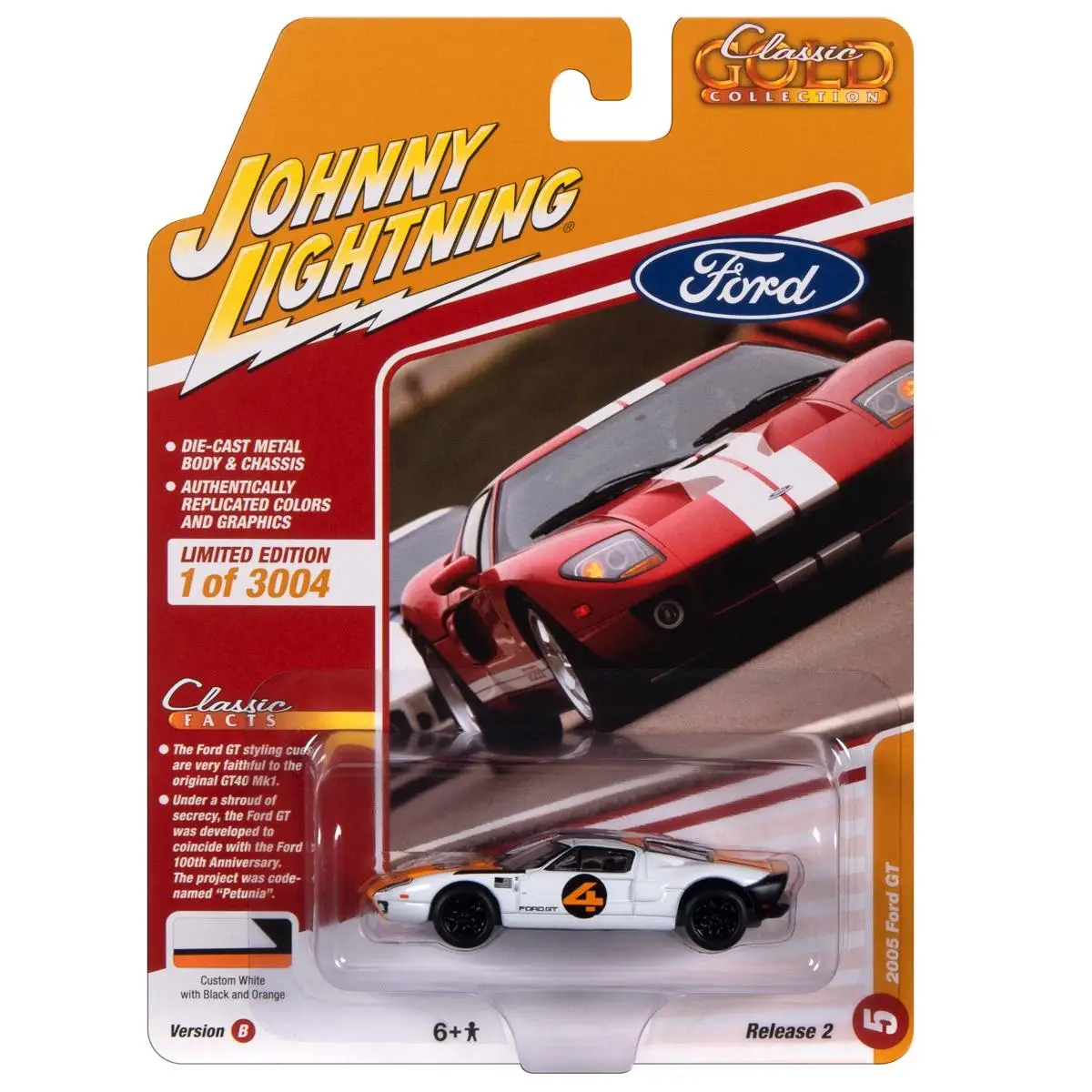 Johnny Lightning 1/64 JL B5 2005 Ford GT NO 4  White with Orange  Die-cast Alloy Car Model Gold Classic Collection