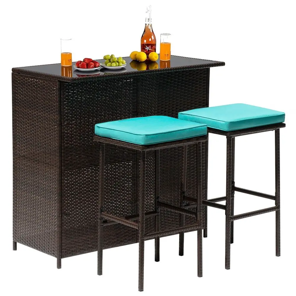 Set Of 3 Outdoor Bar Set Patio Wicker Counter Height Table Set Sturdy Frame