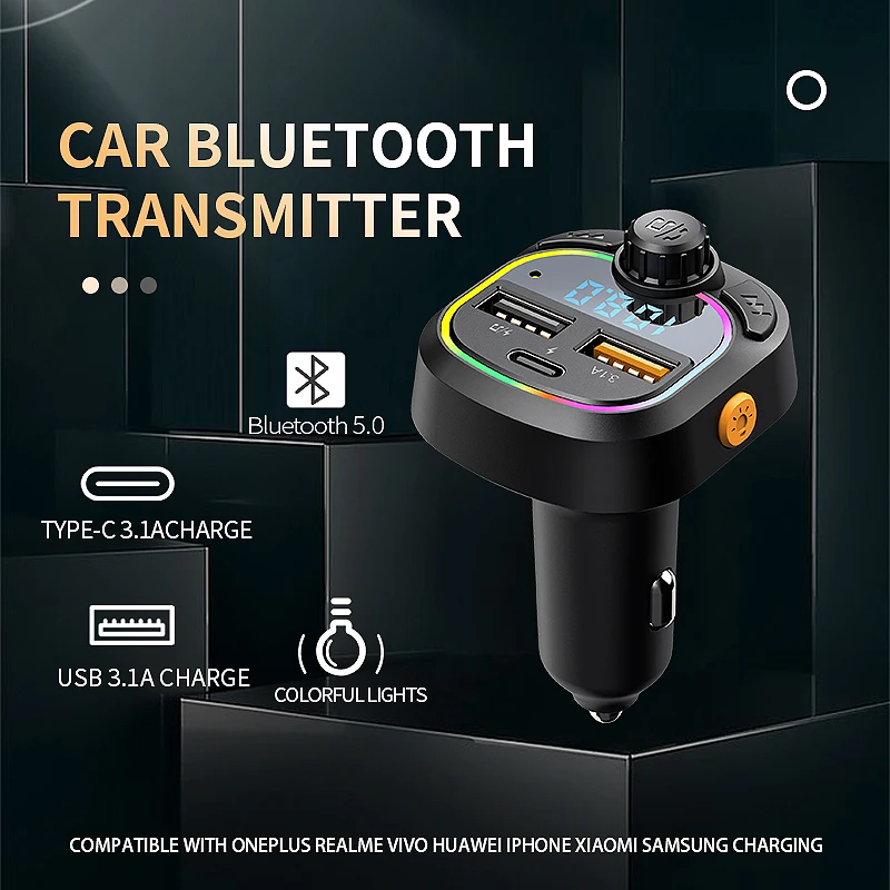 

New Dual USB Car Charger Bluetooth 5.0 Car FM Transmitter Handsfree Radio Mp3 Player Colorful Lights Modulator