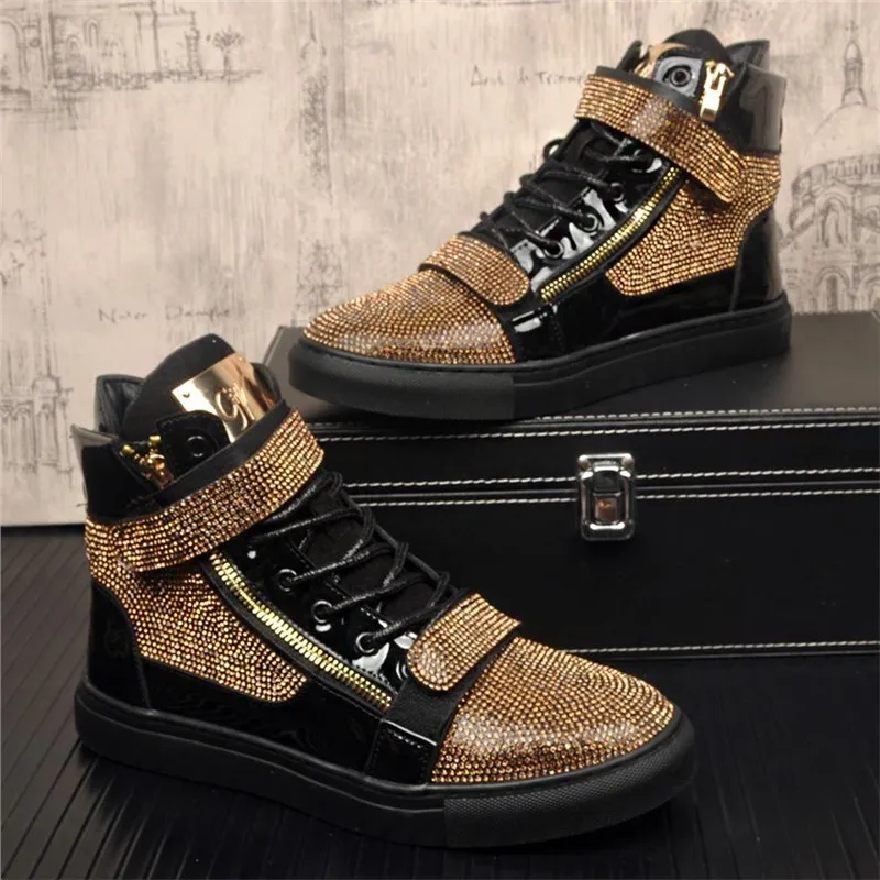 Bling Bling Men Rhinestones Sneakers Hook & Loop Lace-up Casual Sports Shoes Shiny Flats Unisex Sneaker Suit for Both Men Women
