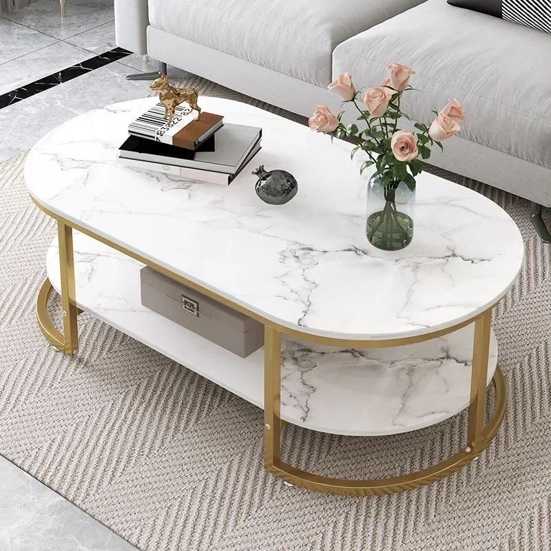2-Layer Coffee Tables Faux Vintage Coffee Table Semicircle End Table Sets with Storage Shelves Metal Frame Living Room Furniture