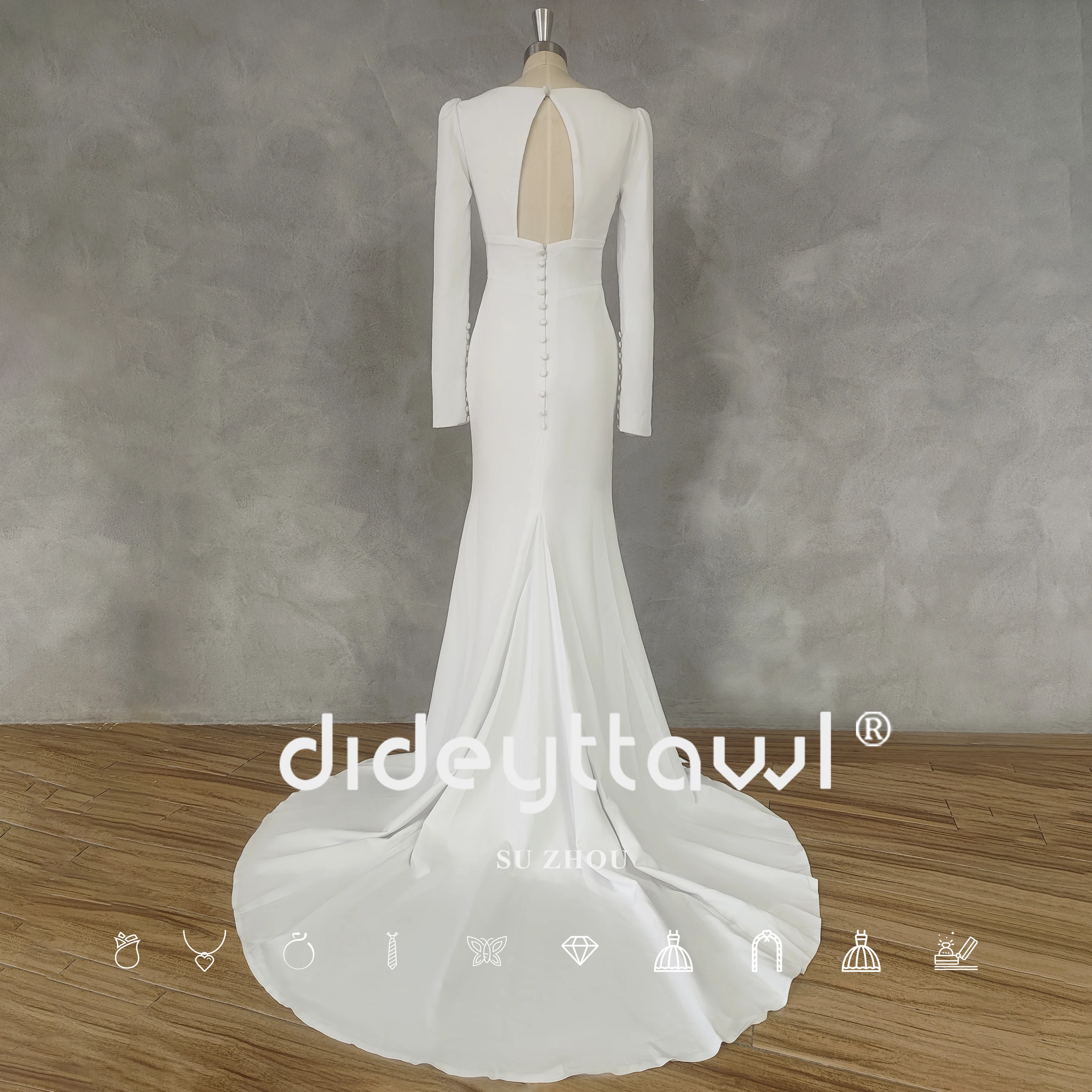 DIDEYTTAWL Real Picture V-Neck Pleat Puff Long Sleeves Crepe Mermaid Wedding Dress Sample Cut-Out Back Sweep Train Bridal Gown