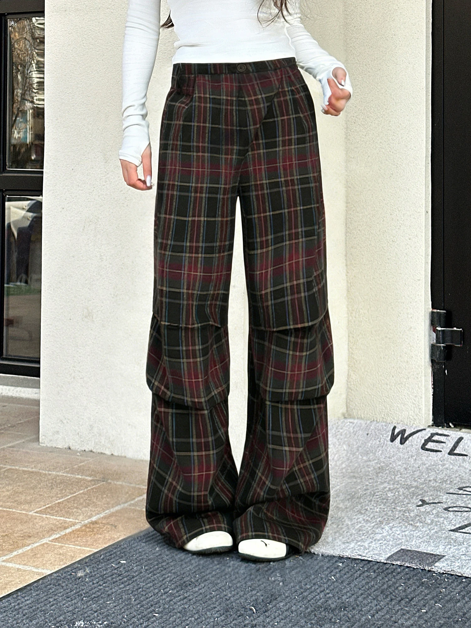 

Ретро-брюки в американском стиле с клетчатым принтом, свободные женские брюки на весну, широкие повседневные брюки, прямой крой, свободный крой, маленький размер