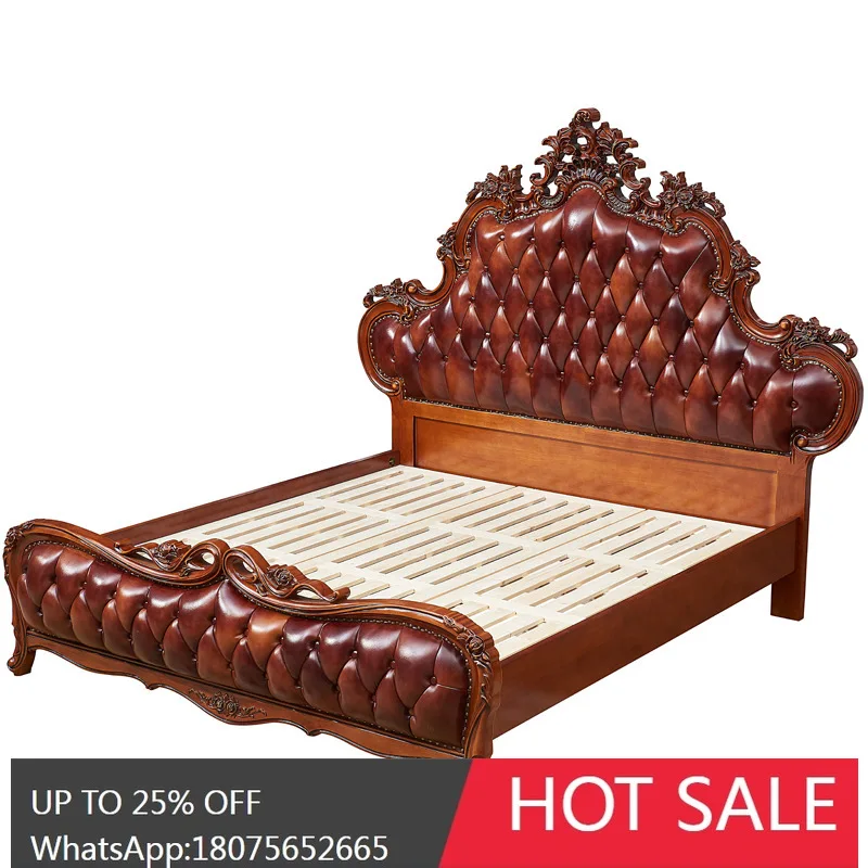

SGF European Style Genuine Leather Bed American Style Solid Wood Vintage Carved Double Wedding Bed