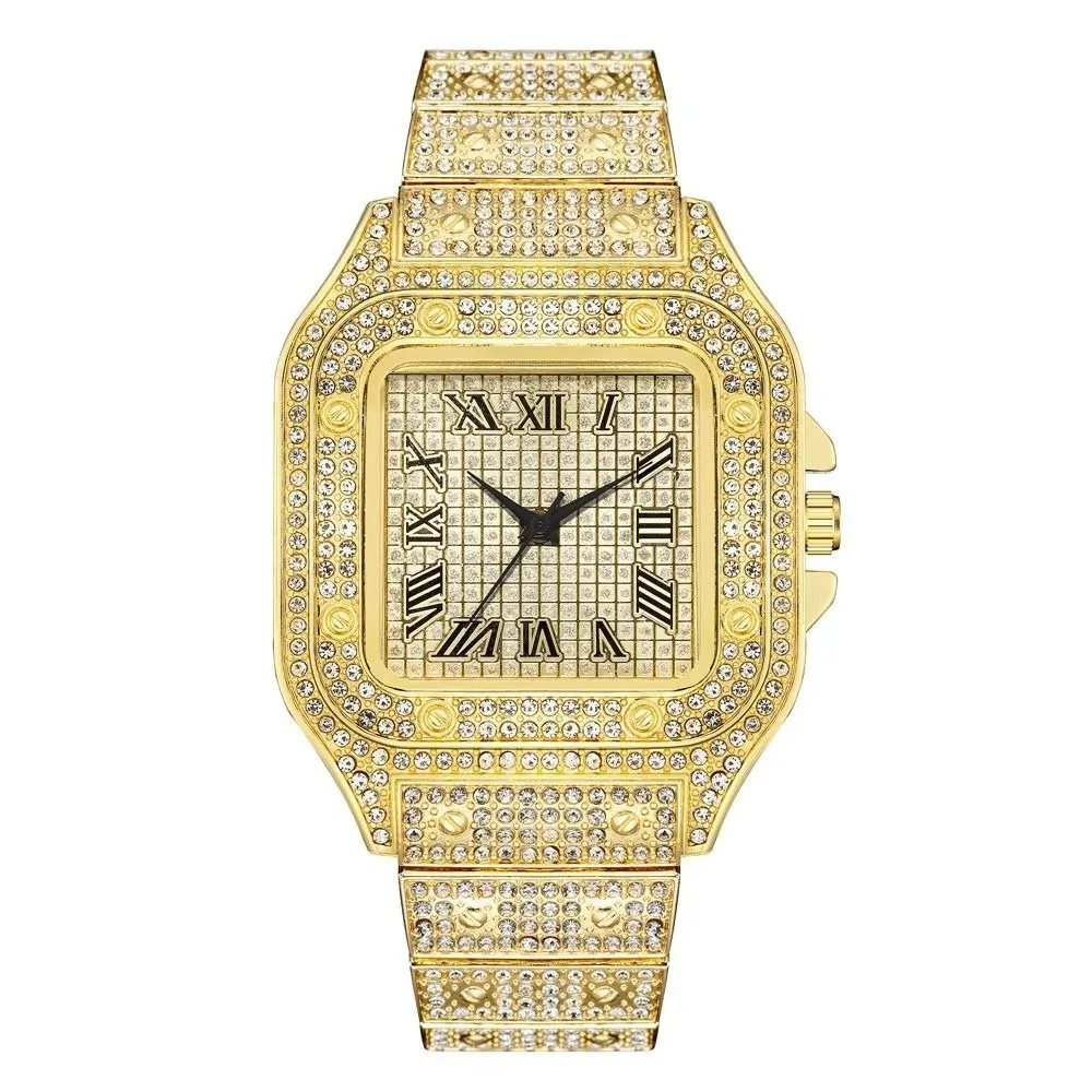 Waterproof Classic Luxury Business Watch Square Roman Scale Quartz Wristwatch Steel Strap Rhinestone Men Watch Jewelry Watch