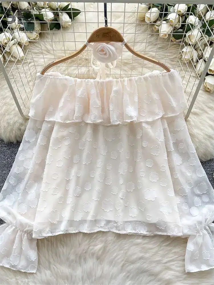 BabYoung Women Ruffle Loose Shirts Off Shoulder Flare Sleeve Temperament Blouse Fashion Wszechstronne letnie topy z haftem kwiatowym