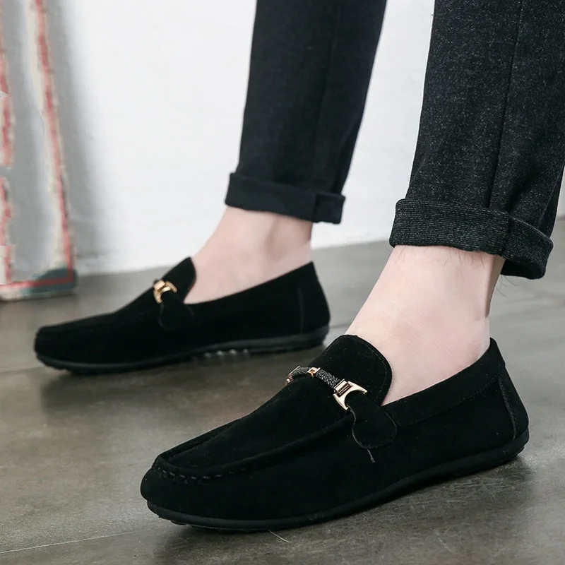 

Men's Black Suede Loafers Metal Buckle Slip-On Casual Driving Shoes Flat Comfortable Moccasins for Men Daily Office Wear