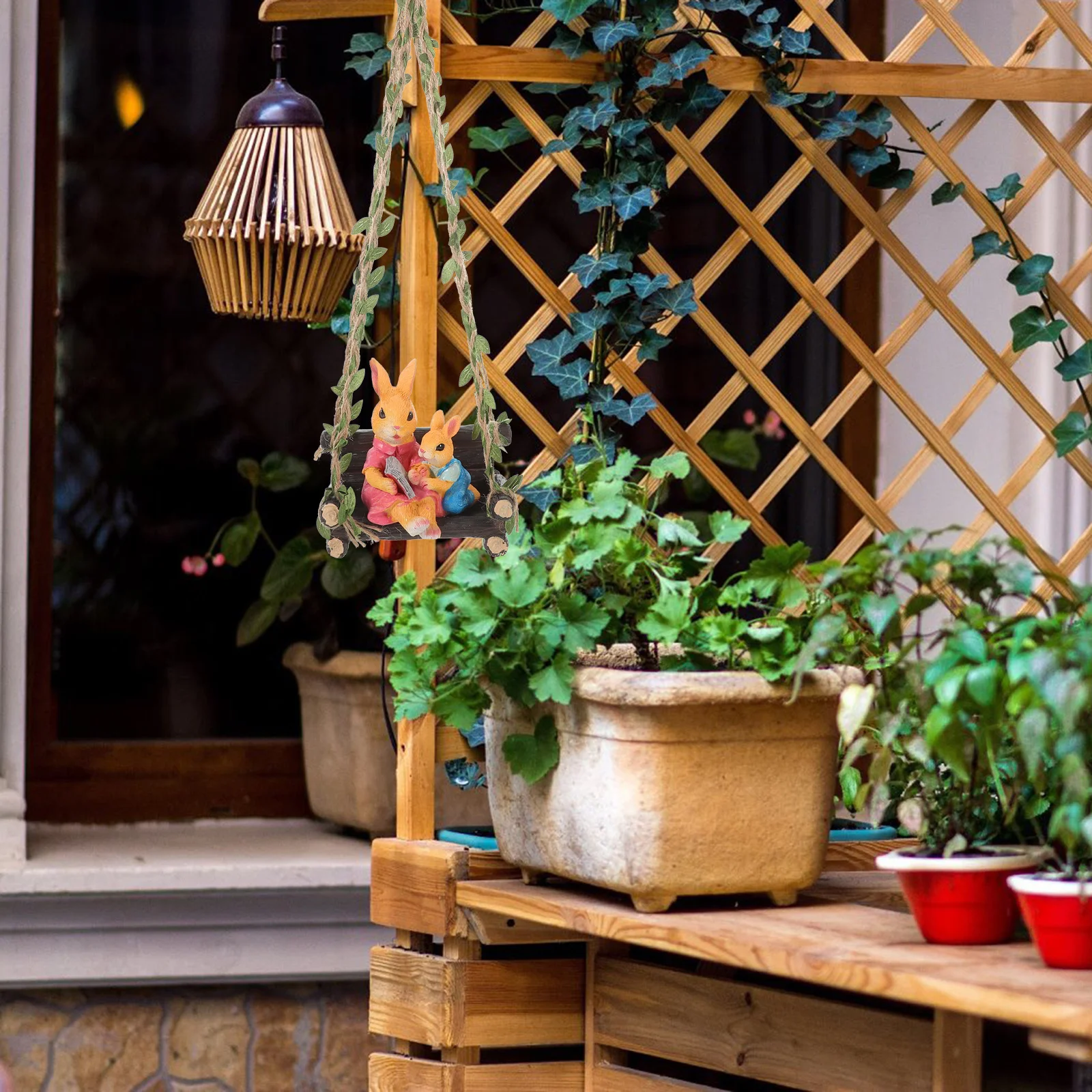 

Качелиный кролик, садовая статуя, смола для чтения кролика, подвесной орнамент, декор дерева, патио, двор, уличная скульптура, статуя из смолы для сада