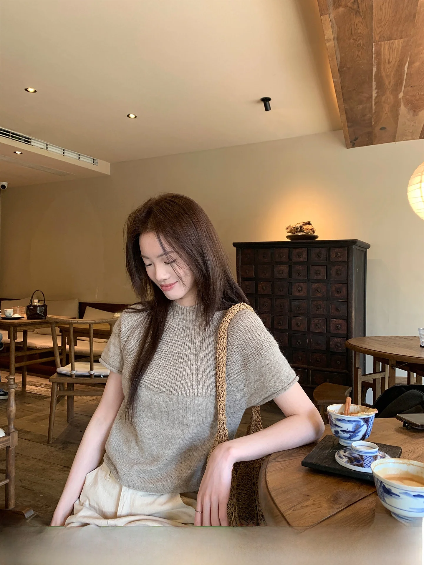 

Cactishop Gentle Girl Half High Collar Stand Collar Cuffed Short Sleeve Knitted Sweater Women Soft Elegant Top Nylon Blend