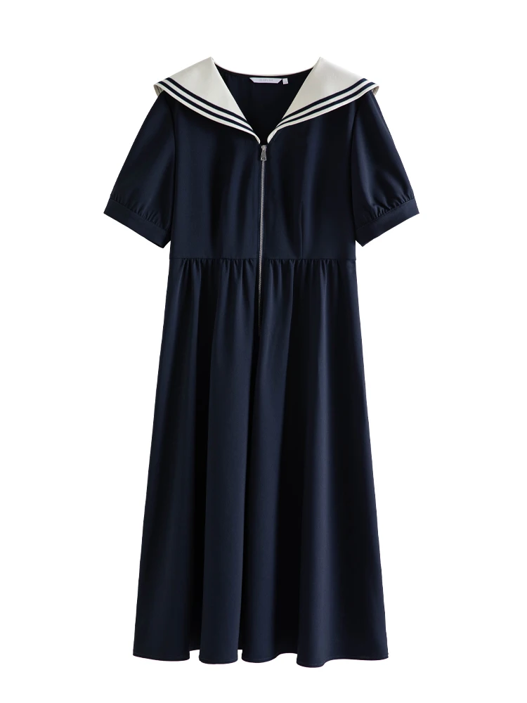 DUSHU Classic Style Navy Wind Contrast Color Age-reducing Dress for Women Summer New Zip Neckline Optional Length Dress Female