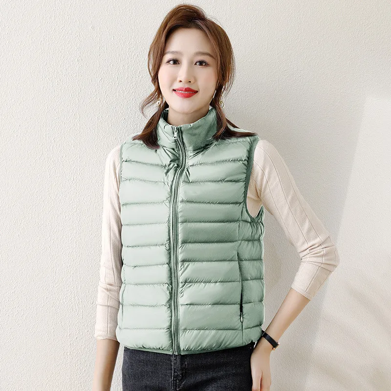 겨울용 초경량 90% 화이트 덕다운 베스트 코트 여성용 따뜻한 다운 조끼 재킷 여성 스탠드 칼라 슬리브리스 숏 탱크탑