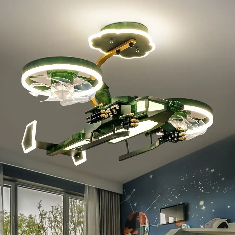 

Aircraft Fan Light Children's Room Boy Bedroom Chandelier Creative Combat Helicopter Model Room Lighting