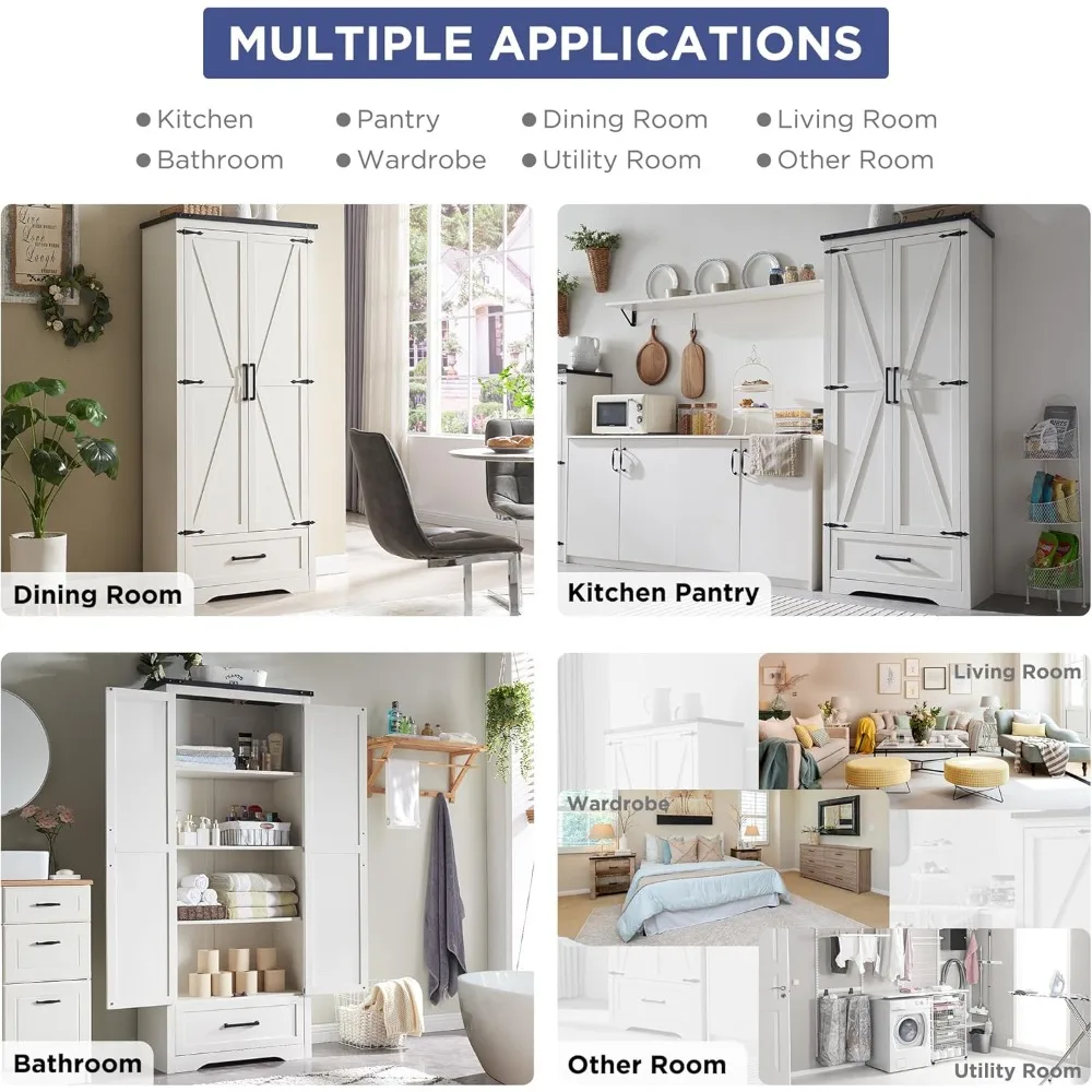 JXQTLINGMU خزانة مطبخ المزرعة - 72 خزانة تخزين المطبخ الخشبية الطويلة مع أرفف قابلة للتعديل وبابين على طراز الحظيرة #3