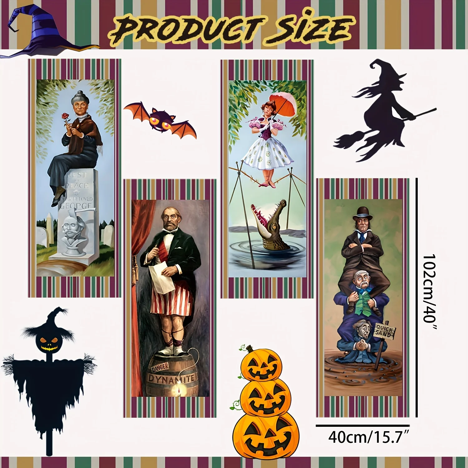 4PCS Haunted Mansion Stretching Portrait Halloween Decoration Horror Poster for Outdoor Home Wall Decor Halloween Hanging Banner