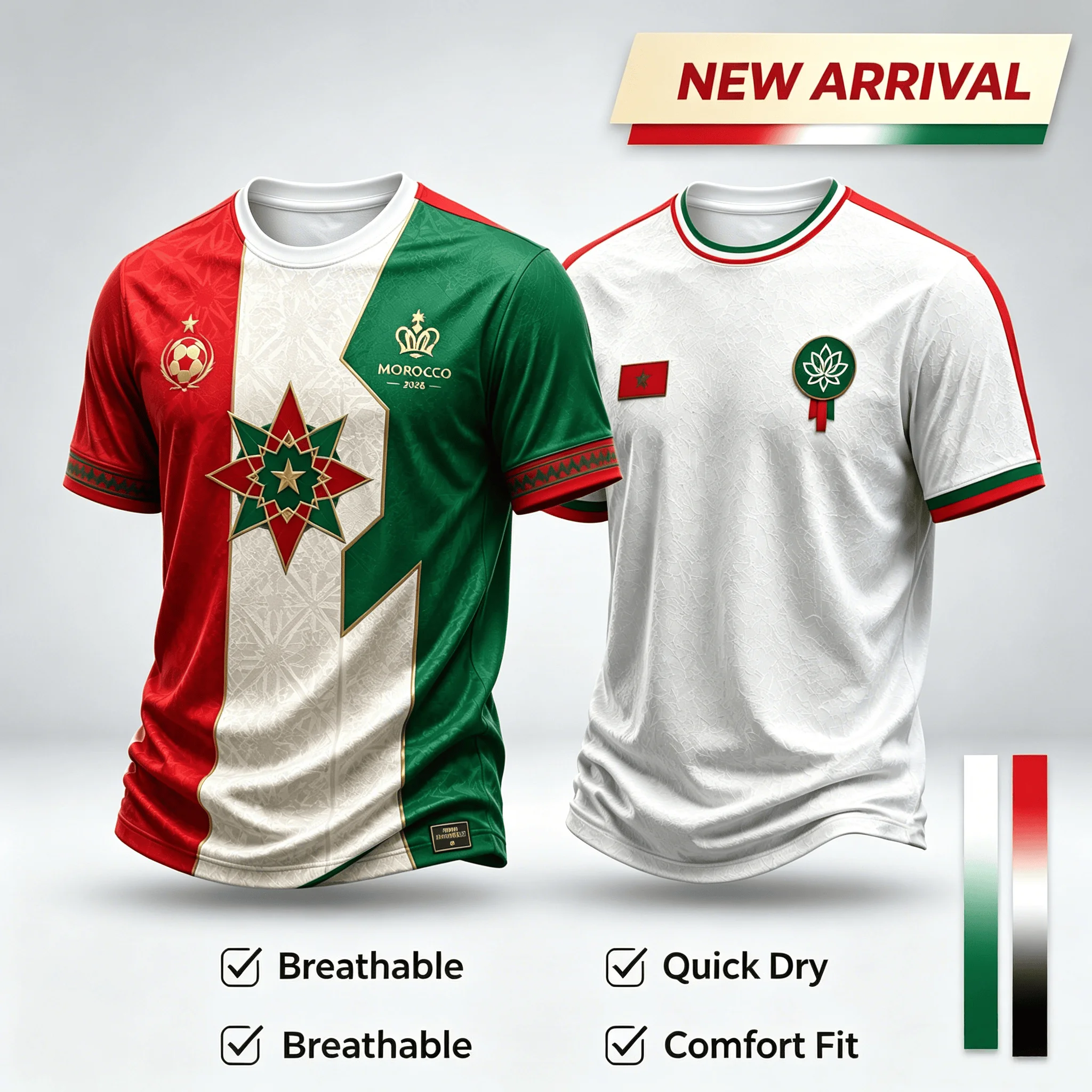 Morocco Team Soccer Jersey Red Green Raglan Sleeve PRINT Short Sleeve Football Shirt Unisex Fan Training Sports Family Kids Tees