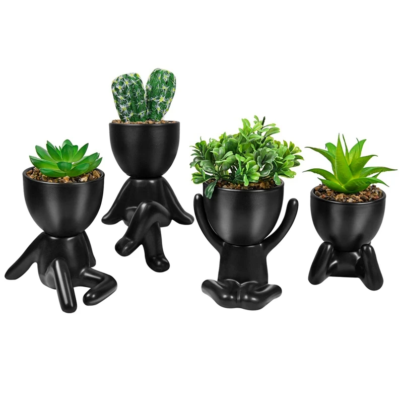 

4PCS Black Artificial Succulent Planters Mini Potted Ceramic Succulent Decor Handicraft Ornaments