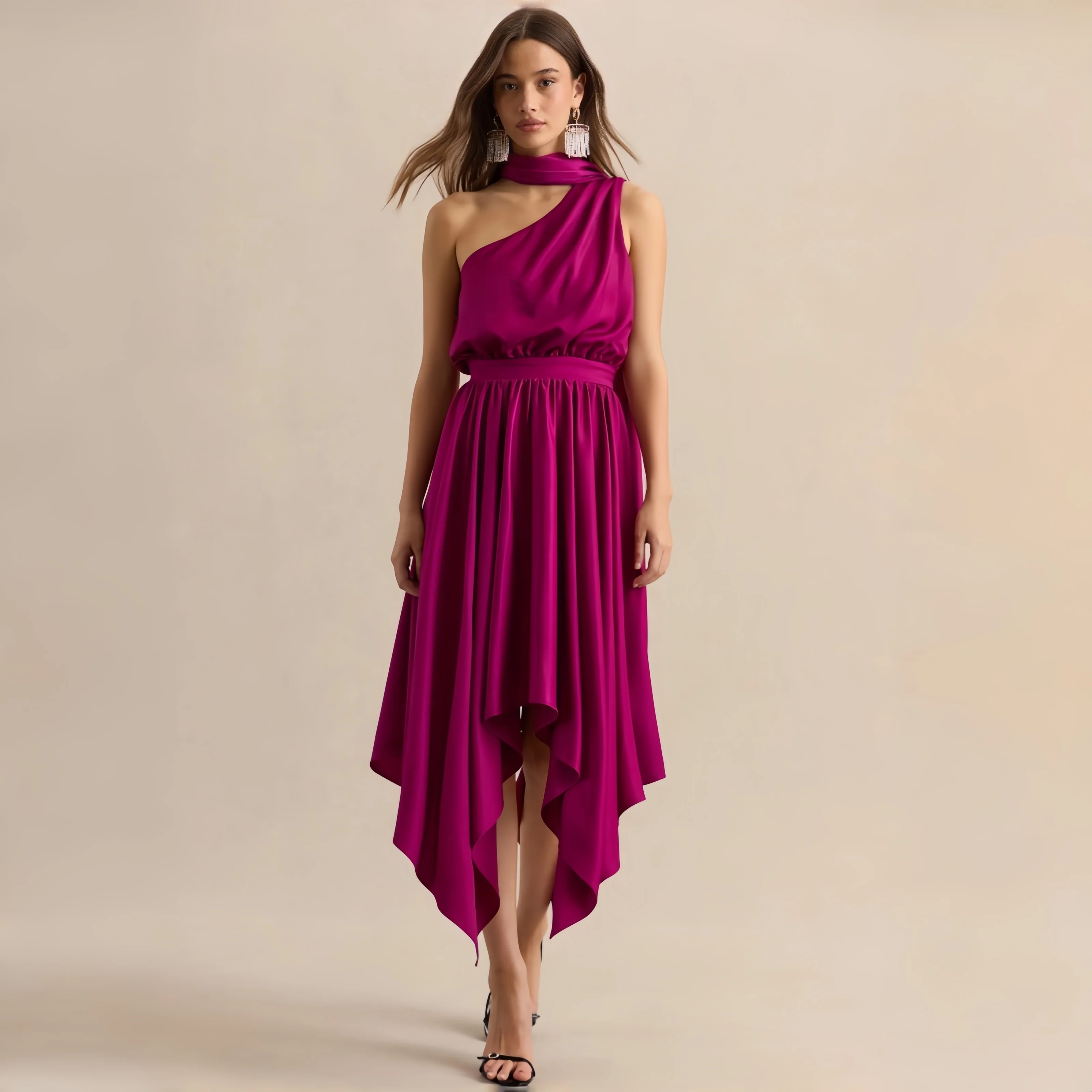 

One Shoulder Hot Pink Halter Neck Evening Dress Asymmetrical Hem Midi Dress Sexy Backless Formal Party Gown