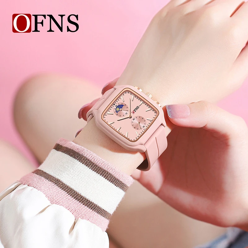 OFNS 7504 Jam Tangan Tali Silikon Wanita Fase Bulan Fashion Mewah Jam Tangan Kuarsa Muda Analog Kasual untuk Pelajar Pria dan Wanita