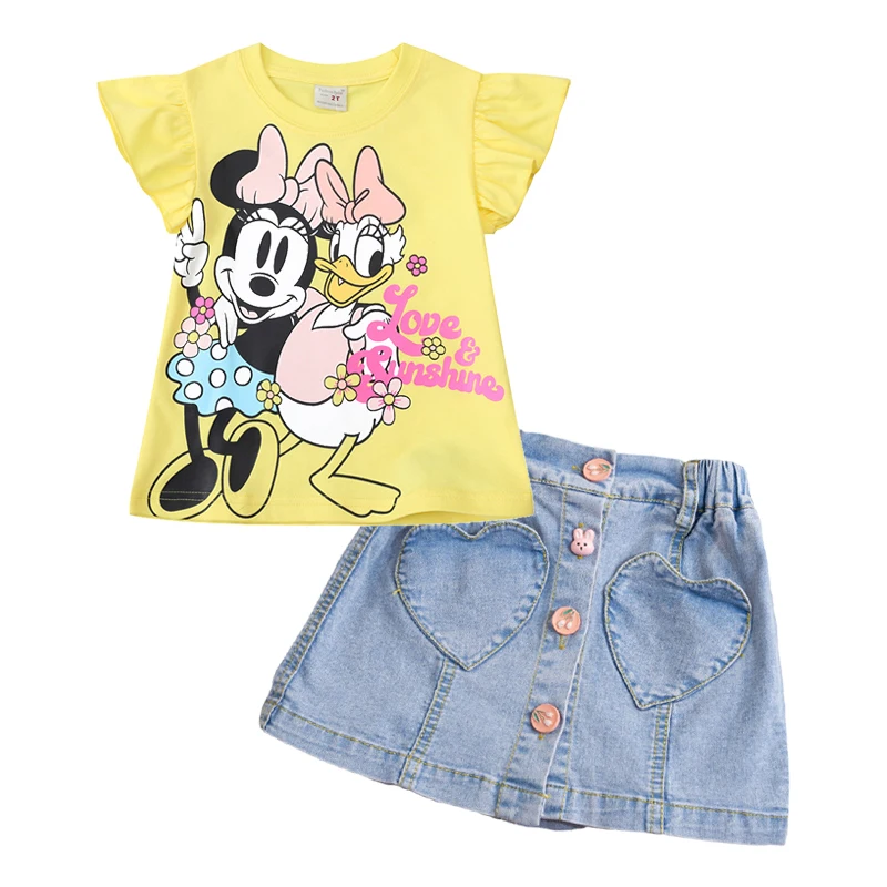 Baby Girls' Minnie Mouse e Daisy Clothes Set, Vestido dos desenhos animados, T-shirt de mangas curtas, saia jeans, roupas infantis, verão, novo, 2 peças