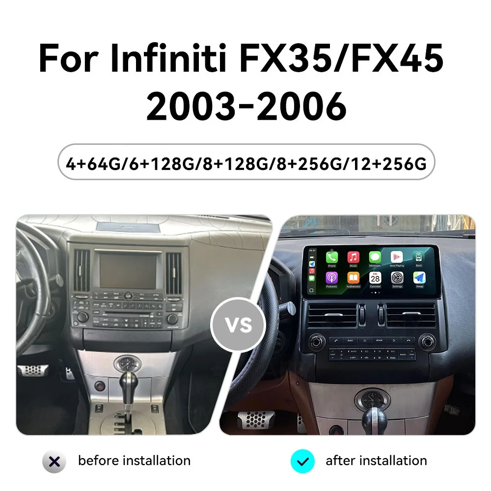 For Infiniti FX35 FX45 2003‑2008 Wireless CarPlay Vertical Touch Screen 12.3 Inch Android15 Car Head Unit Stereo GPS Navigation