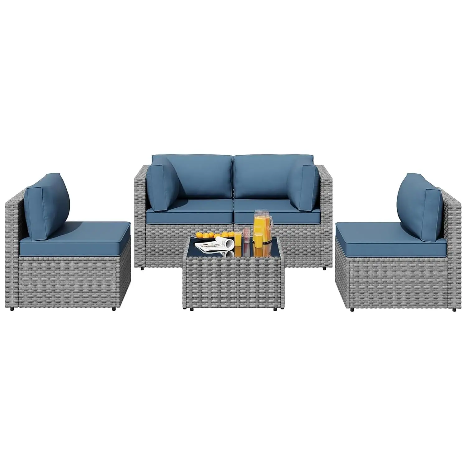 5pcs Outdoor Rattan Sofa Set, Low Back All-Weather Wicker with Tea Table & Washable Cushions, Patio Garden Furniture, Silver, Cu