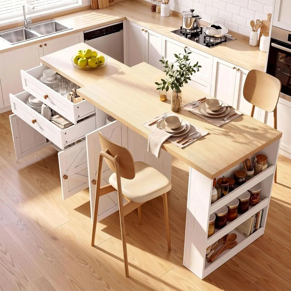 

71 Inch Swivel Rolling Kitchen Island Cart with Storage, Home Bar Table, Spice Rack, White
