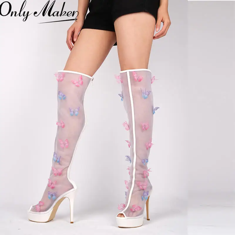 Onlymaker Women Peep Toe Butterfly Air Mesh Platform Over The Knee High Boots Zipper Sexy Sweet Thin High Heel Wedding Boots