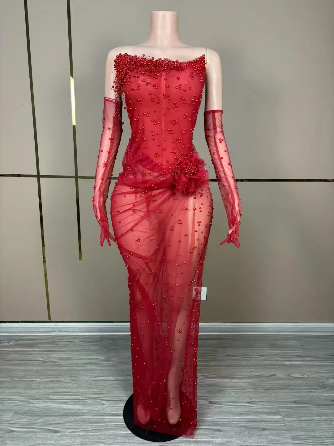 

Red Pearls Prom Dress with DetachableSleeves Gloves Sexy Stage Strapless High Slit FormalEvening Dress Long Party Gowns D283