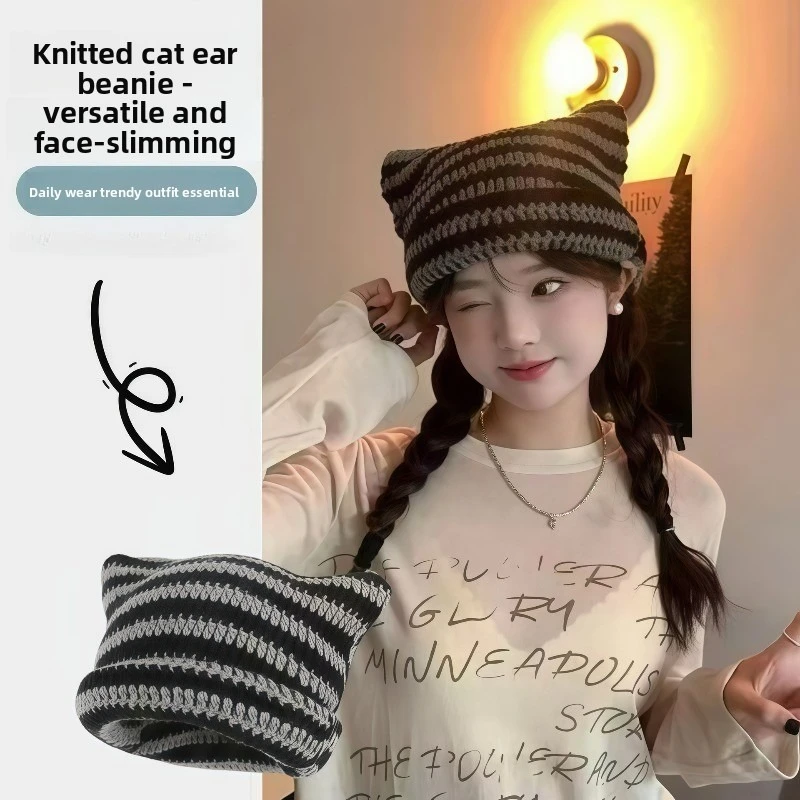 Cat Ear Striped Knit Hat Warm Protective Autumn Winter Cute Korean Style Pullover Beanie for Women