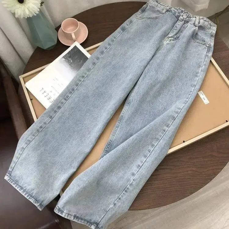 Straight tube high waist jeans female student 2022 new Korean loose wide leg BF elegant style mopping pants fashion