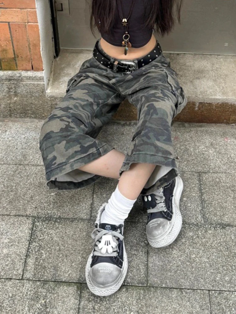 American Vintage Camouflage Color Women Cargo Pants Summer Fashion High Waist Street Loose Casual Classic Straight Female Jeans