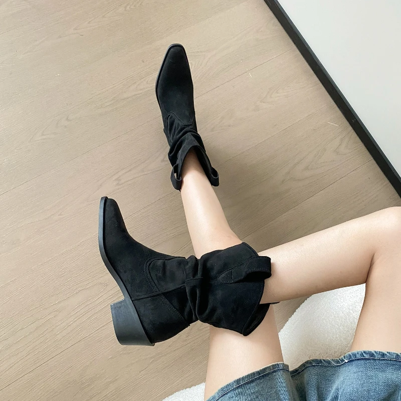 Retro Women Chunky Heel Pointed Toe Mid Calf Knight Boots Slim Fit Stacked Vulcanized Boots
