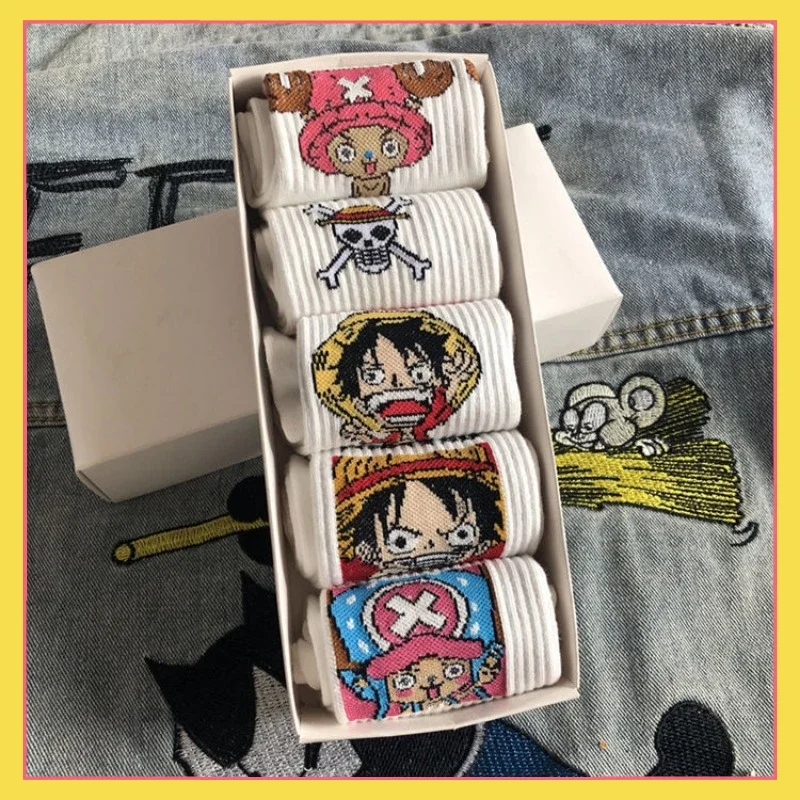 

Anime One Piece Cartoon Straw Hat Luffy Socks 5 Pair Set Medium Socks Children's Trendy Couple Versatile Personality