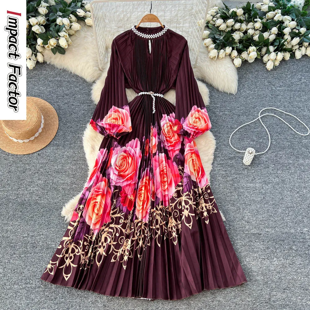 

Miyake 2026, высококачественное плиссированное платье с принтом бисера, женское плиссированное платье с длинными рукавами и жемчужной пряжкой для поездок на работу