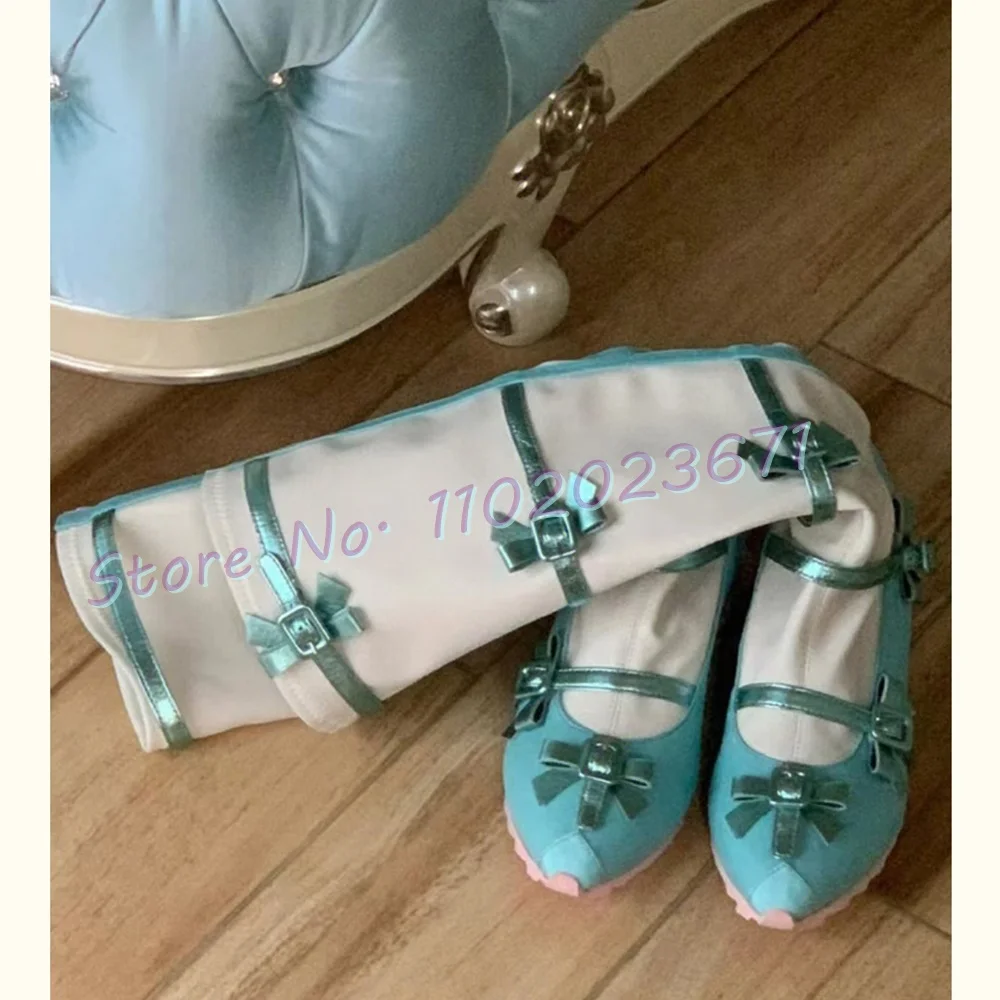 Bow-knot Blue Long Boots Women Chic Cross Strap Luxury Lolita Butterfly Knee High Boots Women Lovely Casual Mixed Colors Shoes