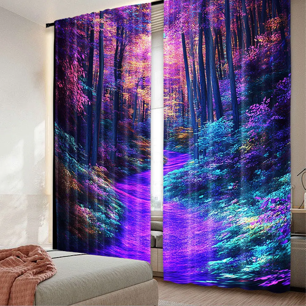 2Pcs Magic Fantasy Nature Curtain Sunshine Red Forest For Bedroom Hall Dormitory Living Room Hanging Many Other Occasions