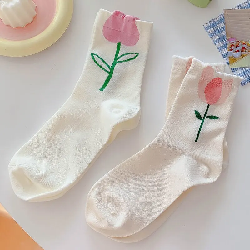 5 Paar Damen-Mittelrohrsocken, Harajuku, Retro, Blumenmuster, Vintage, Neuheit, elegant, ethnisch, Kawaii, niedlich, lässig, atmungsaktiv, Damen und Mädchen