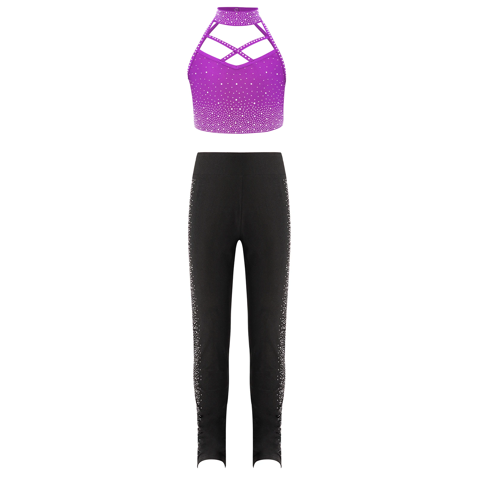 الفتيات سباركلي الراين الباليه الرقص الشكل التزلج الجمباز وتتسابق الرسن أكمام المحاصيل سترة مع طماق Dancewear #3