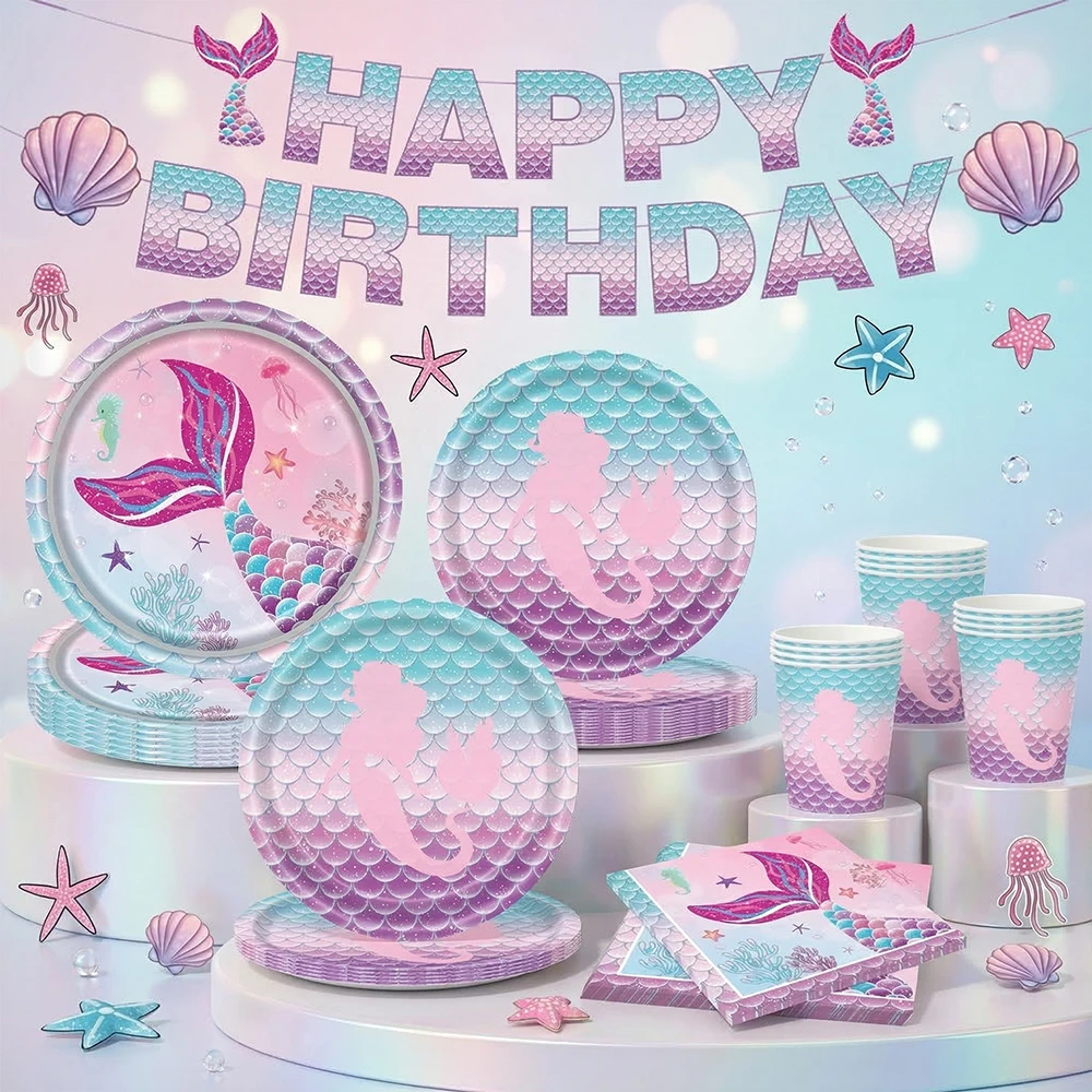Meerjungfrau Party Rosa Lila Geschirr Set Teller Tassen Tischdecke Servietten Banner Mädchen Geburtstag Party Dekore Baby Dusche Liefert – Detail 8