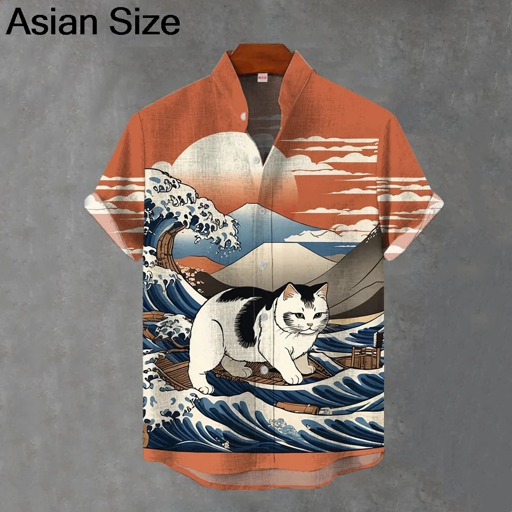 

2025 Men's Shirts Japanese Cat 3D Printed Hawaiian Shirts Men Casual Short Sleeve Tops Fashion Men Lapel Button Up Y2k Shirt