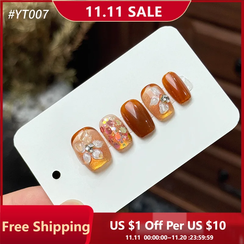 

10pcs Handmade Press on Nails Autumn and Winter Caramel Sunflower Honey False Nail for Women&Girl Removable Wearable Fake Nail