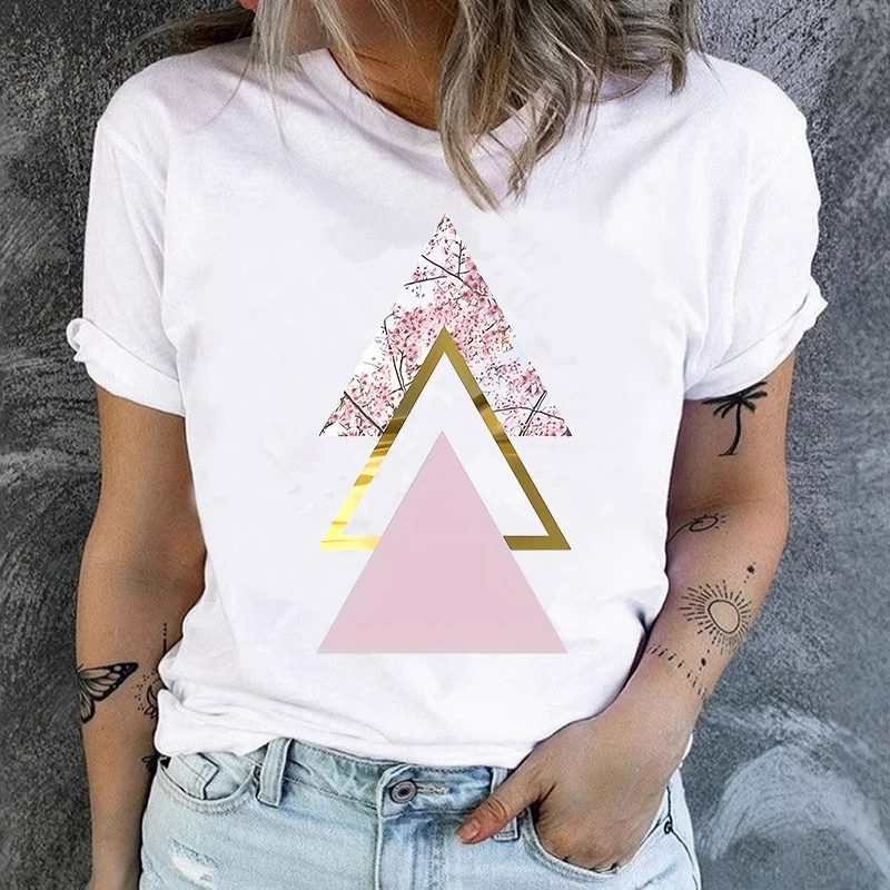Classic best-selling pink trapezoid pattern printed women's round-neck short-sleeved T-shirt, fashionable sporty Summer Modal