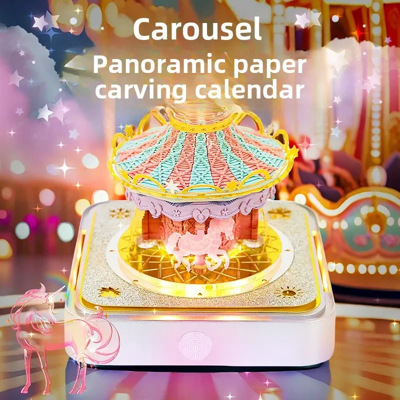 

Romantic Carousel 2025 Calendar 3D Memo Pad Panoramic Paper Carving Calendar Creative Gift Sticky Note Desk Ornament with Light