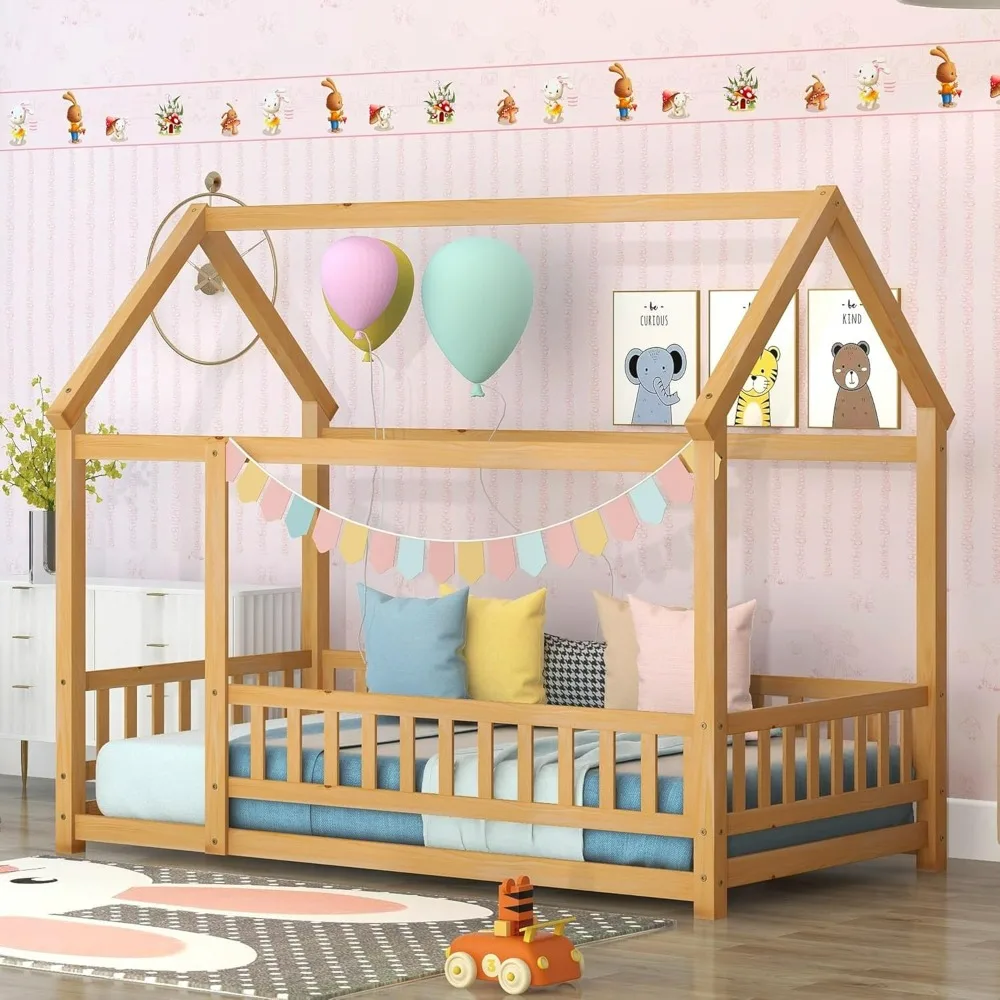 Kids Bed, Twin Size House Frame Wooden Floor Bed with Fence for Kids, Natural Kids Bed