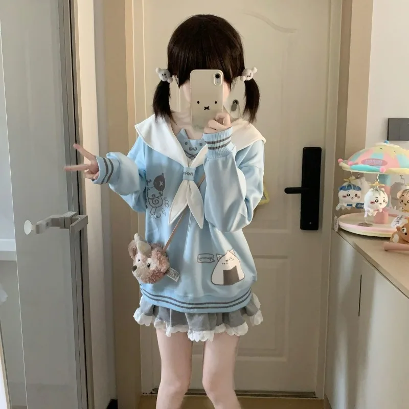 2025年新作 日本風 カワイイ ロリータ パーカー レディース 可愛い セーラーカラー 猫刺繍 スウェットシャツ カジュアル ガールズ Y2K リボン プルオーバー トップス