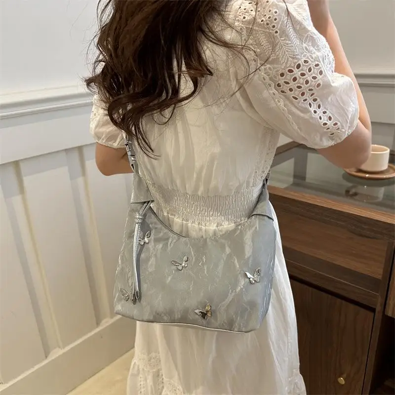 Trendy Butterfly Shoulder Hobo Bag Lightweight Wear-resistant Soft Fabric Daily Commute Travel Shopping Purse for Women