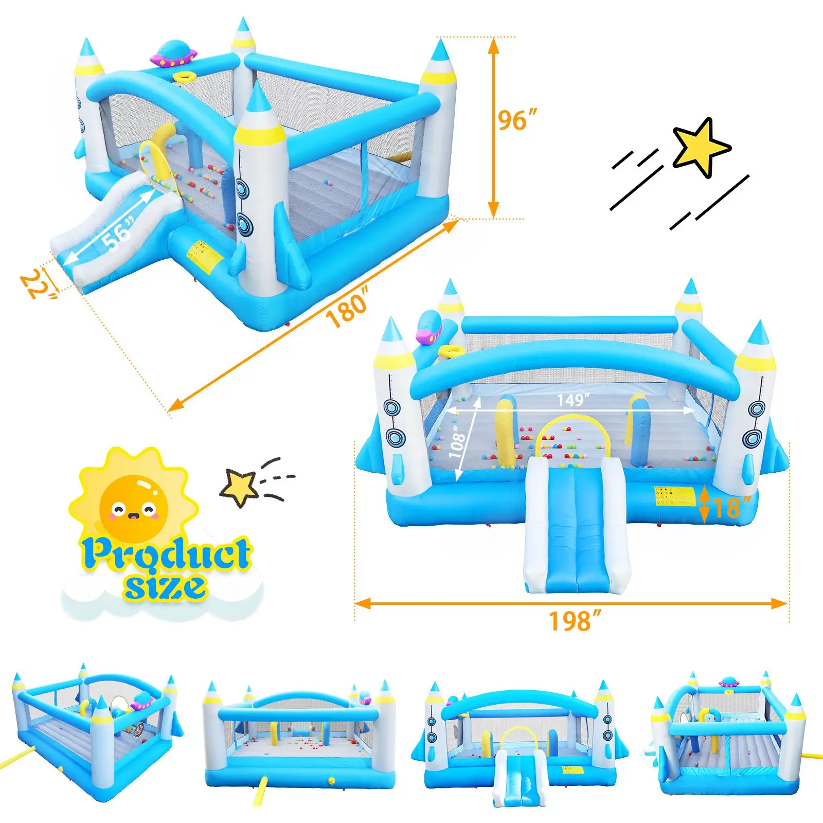 Multifunctional Jump 'n Slide Inflatable Bouncer for Kids Complete Setup with Blower - 198" x 180" Play Area - 96" Tall