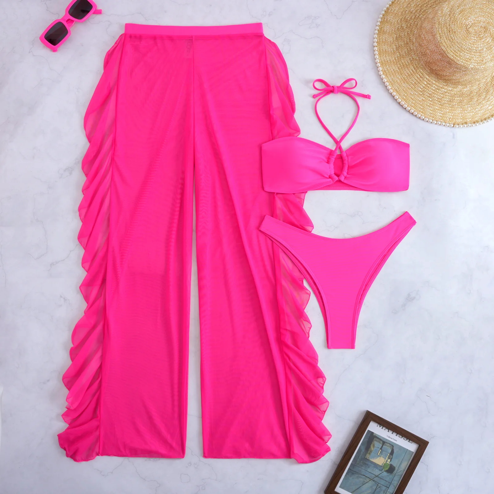 

3 шт., комплект бикини с лямкой на шее и накидкой, купальник с открытыми плечами, женская мода, сексуальная пляжная одежда 2025 года, женский купальный костюм